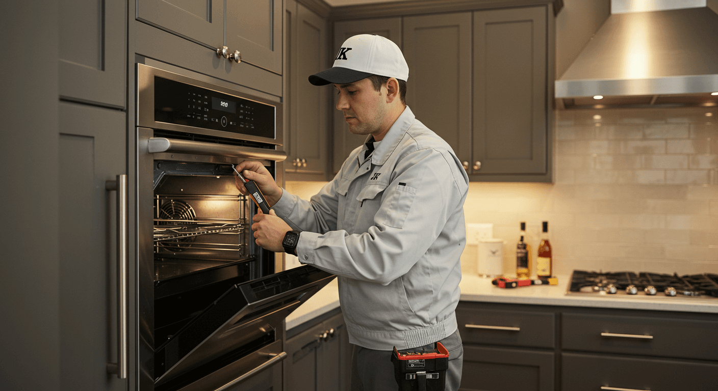 Professional oven technician with toolbox ready to repair your oven